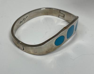 Vintage Taxco Mexico 925 Sterling Silver Turquoise Inlay Hinged Bracelet