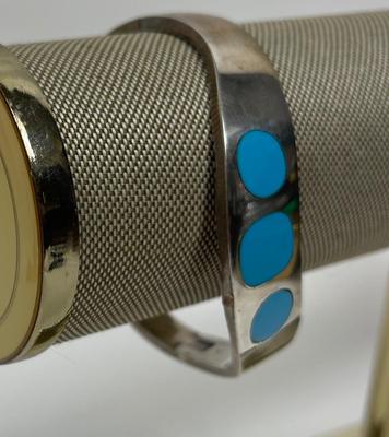 Vintage Taxco Mexico 925 Sterling Silver Turquoise Inlay Hinged Bracelet