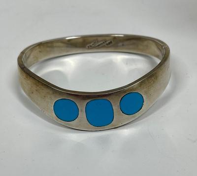 Vintage Taxco Mexico 925 Sterling Silver Turquoise Inlay Hinged Bracelet