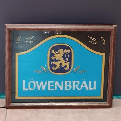 LOT 20B: Vintage Löwenbräu Brewery Glass-Front Lighted Bar Sign, Budweiser Salutes Mirror & Plastic Booze Bank