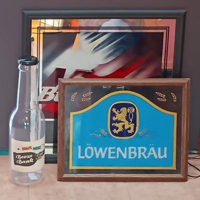 LOT 20B: Vintage Löwenbräu Brewery Glass-Front Lighted Bar Sign, Budweiser Salutes Mirror & Plastic Booze Bank
