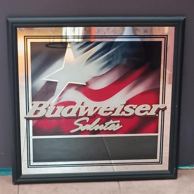 LOT 20B: Vintage Löwenbräu Brewery Glass-Front Lighted Bar Sign, Budweiser Salutes Mirror & Plastic Booze Bank
