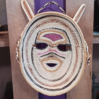 LOT 24A: Guatemalan Deer Mask, Panama Woven Mask & Hand-Carved Wood Cat Mask