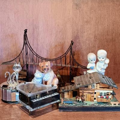 LOT 27A: MCM Metal San Francisco Bridge Music Box, EJB Swiss Farmhouse Music Box & More