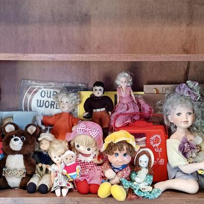 LOT 28A: Vintage Doll Collection- 1980 Moscow Olympics 'Misha', Hinged Leg Doll, Celluloid Football Player & More