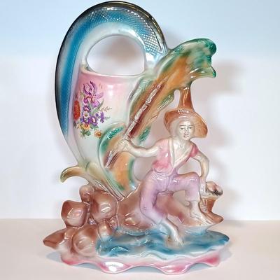 LOT 31A: Lustre Ware Fisherman Vase, Persian Miniatures Book, Vintage Tourist Dolls & Mini Basket