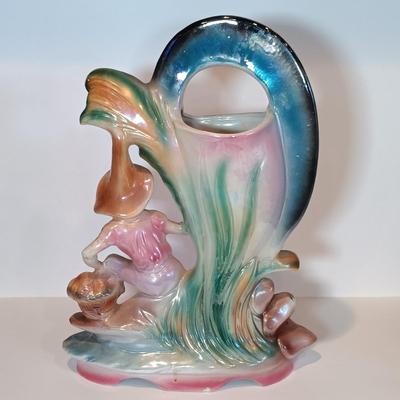 LOT 31A: Lustre Ware Fisherman Vase, Persian Miniatures Book, Vintage Tourist Dolls & Mini Basket