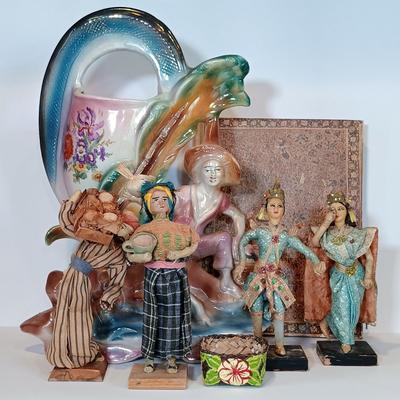 LOT 31A: Lustre Ware Fisherman Vase, Persian Miniatures Book, Vintage Tourist Dolls & Mini Basket