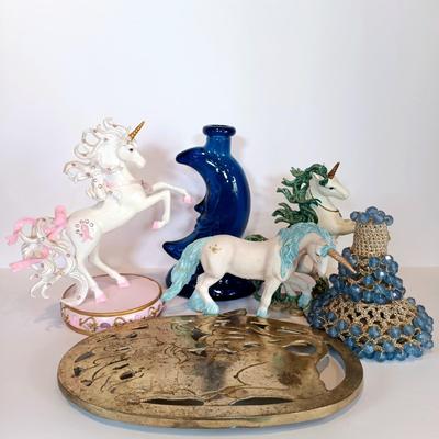 LOT 32A: Brass Unicorn Trivet, Pink is for Hope Unicorn, Cobalt Blue Half-Moon Art Glass & More