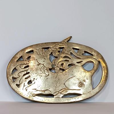 LOT 32A: Brass Unicorn Trivet, Pink is for Hope Unicorn, Cobalt Blue Half-Moon Art Glass & More