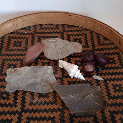 LOT 34A: An Assortment of Rocks and Fossils with Woven Flat Basket