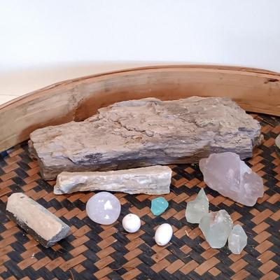 LOT 34A: An Assortment of Rocks and Fossils with Woven Flat Basket