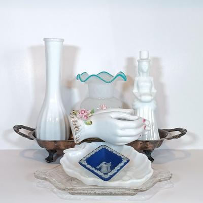 LOT 37A: Wedgewood Blue Jasperware Pin Dish, Lefton Hand Vase, Crystal Sandwich Tray & More