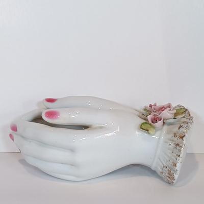 LOT 37A: Wedgewood Blue Jasperware Pin Dish, Lefton Hand Vase, Crystal Sandwich Tray & More