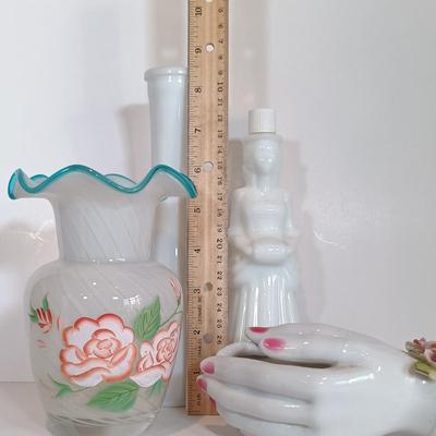 LOT 37A: Wedgewood Blue Jasperware Pin Dish, Lefton Hand Vase, Crystal Sandwich Tray & More