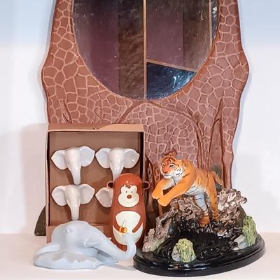 LOT 122A: Al Pisano Giraffe Mirror with Lenox River of the Tiger, Ceramic Elephant Door Knobs & More