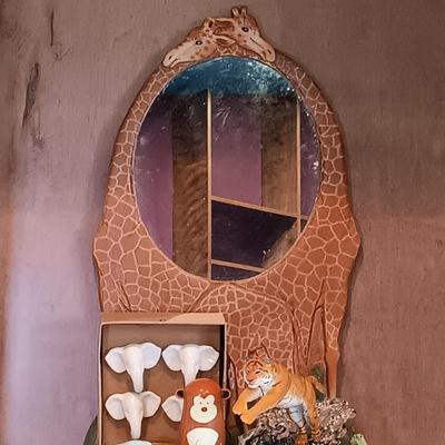 LOT 122A: Al Pisano Giraffe Mirror with Lenox River of the Tiger, Ceramic Elephant Door Knobs & More
