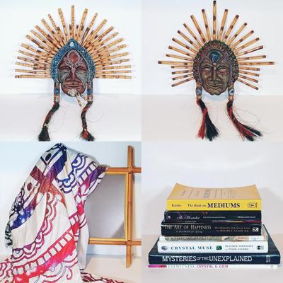 LOT 128A: New Age / Contemporary Clay Masks, Tapestry, Bamboo Mirror & Books