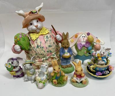 Easter Figurine Lot: 9 Bunnies, Various Sizes and Materials