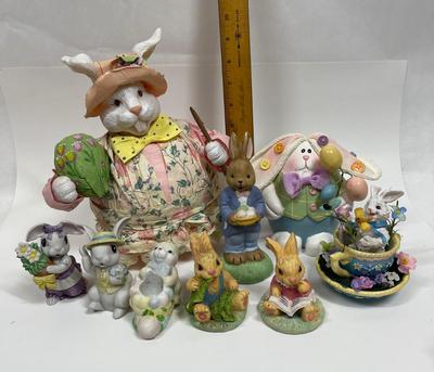 Easter Figurine Lot: 9 Bunnies, Various Sizes and Materials