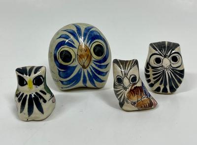 Lot Of Vintage Owl Tonala Mexican Folk Art Hand Painted Ceramic Pottery Mexico
