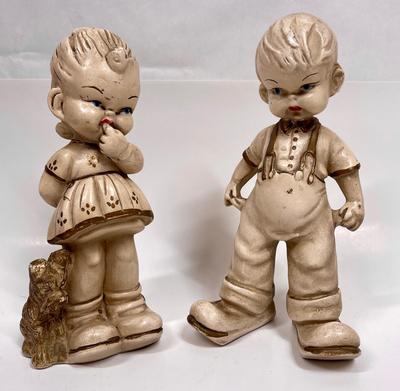 Vintage Little Boy with Two Empty Pockets, Little Girl & Dog Figurines Ceramic
