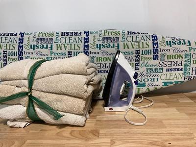 Proctor Silex Iron, Ironing board, and towels