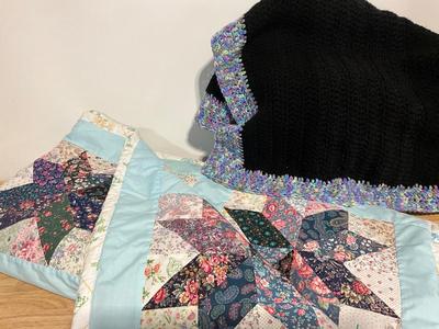 Twin Hand stitched quilt with crochet lap throw.