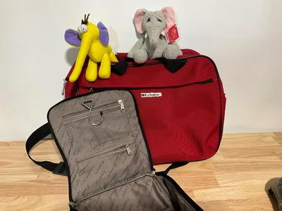 Leisure travel bags, throw, pillow, stuffed animals.