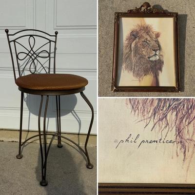 LOT 313A: Vintage Phil Prentice Lion Print & Small Metal Frame Chair