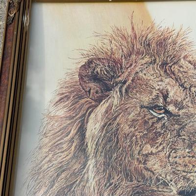 LOT 313A: Vintage Phil Prentice Lion Print & Small Metal Frame Chair
