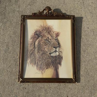 LOT 313A: Vintage Phil Prentice Lion Print & Small Metal Frame Chair