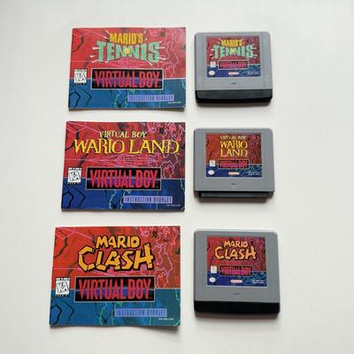 LOT 314B: Nintendo Virtual Boy Game Cartridges w/ Instruction Booklets - Mario Clash, Wario Land & Mario’s Tennis