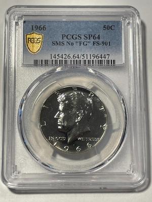 PCGS RARE CERTIFIED 1966 "N0-FG" SP-64 SMS FS-901 KENNEDY SILVER HALF DOLLAR AS PICTURED. FREE DOMESTIC SHIPPING.