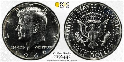 PCGS RARE CERTIFIED 1966 "N0-FG" SP-64 SMS FS-901 KENNEDY SILVER HALF DOLLAR AS PICTURED. FREE DOMESTIC SHIPPING.