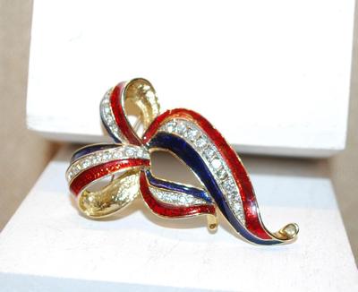 Red, White & Blue Bejeweled "Ribbon" PIN (2½" x 1½") Marked ©2006 AD