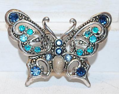 VINTAGE DEEP BLUE & AQUAMAINE Stones BUTTERFLY Brooch (1¾" x 1¼") on a Silver Tone Base