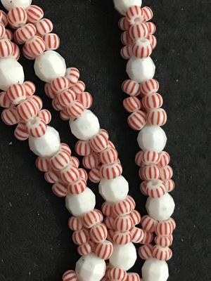 Vintage White Glass Necklace with Red White Stripe Beads