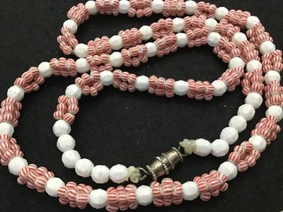 Vintage White Glass Necklace with Red White Stripe Beads