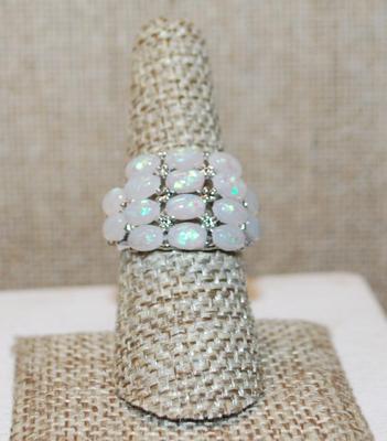 Size 8 White Opal Style Horizontal Side Oval Stones (16) Ring on a Silver Tone Band (4.5g)