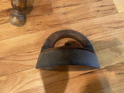 ANTIQUE PIANO STOOL AND CAST CLOTHES IRON