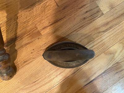 ANTIQUE PIANO STOOL AND CAST CLOTHES IRON