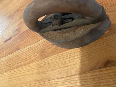 ANTIQUE PIANO STOOL AND CAST CLOTHES IRON