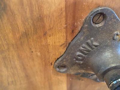 ANTIQUE PIANO STOOL AND CAST CLOTHES IRON