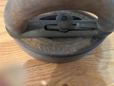 ANTIQUE PIANO STOOL AND CAST CLOTHES IRON