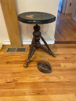 ANTIQUE PIANO STOOL AND CAST CLOTHES IRON