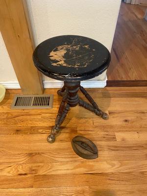 ANTIQUE PIANO STOOL AND CAST CLOTHES IRON