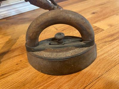 ANTIQUE PIANO STOOL AND CAST CLOTHES IRON