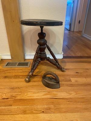 ANTIQUE PIANO STOOL AND CAST CLOTHES IRON