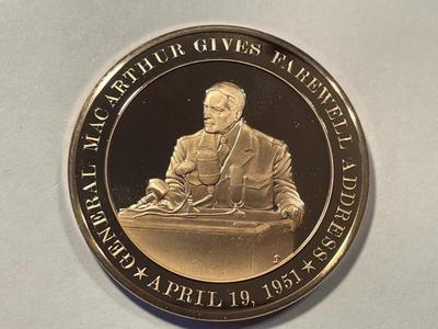 1951 GENERAL MACARTHUR GIVES FAREWELL ADDRESS FRANKLIN MINT PROOF BRONZE MEDAL (MEDAL #110). FREE DOMESTIC SHIPPING.